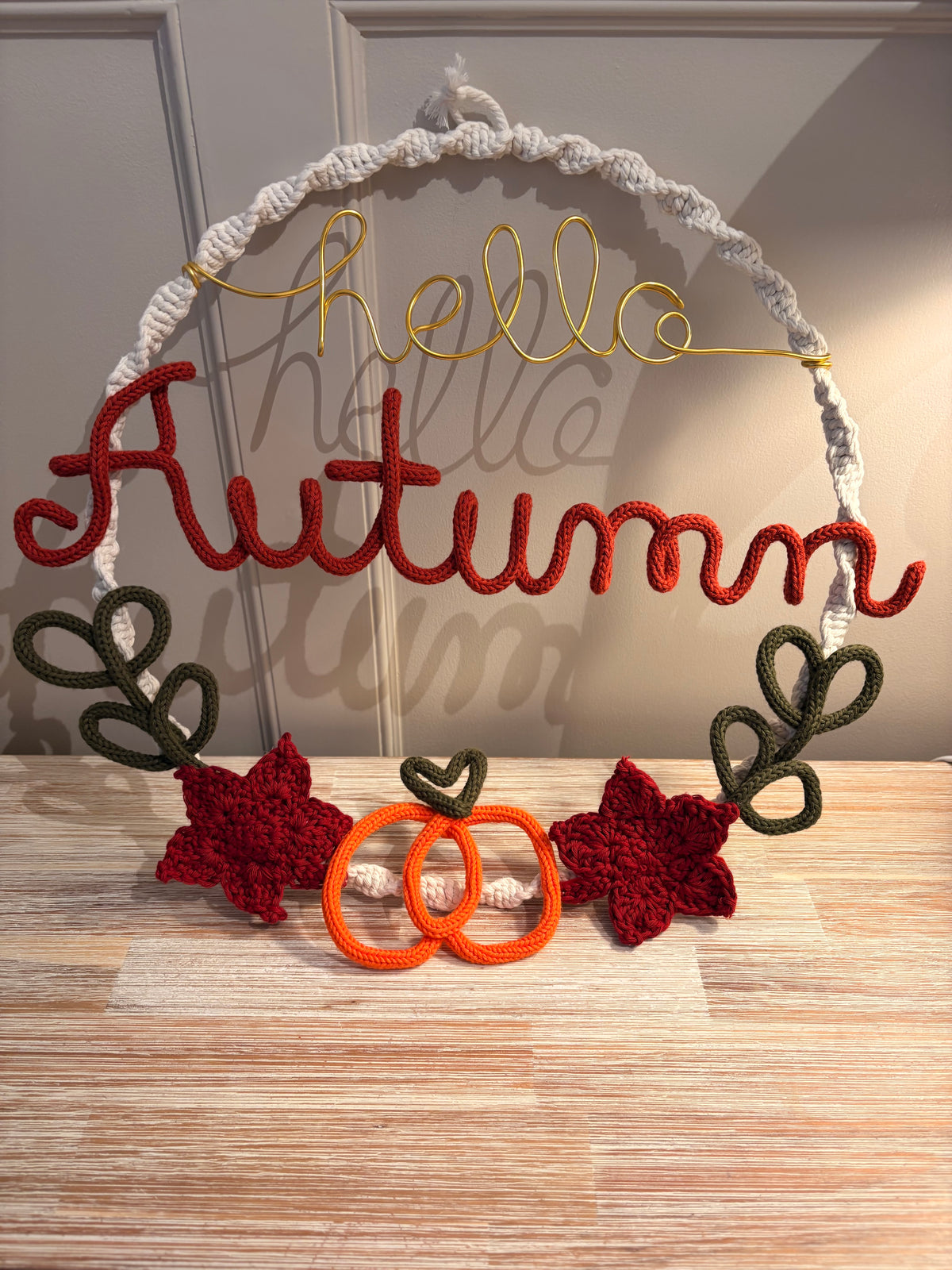 Handmade Knitted Wire Art Autumn Wreath – Personalised Knitted Wire Art with Pumpkin, Maple Leaves & Macramé Border
