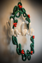 Handmade Green Knitted Wire Christmas Wreath 35cm – Front Door Christmas Wreath with Red Beads & "Ho Ho Ho" Decoration