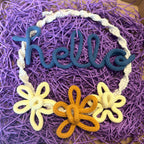 Macrame Hello Wreath with Knitted Wire Art & 3 Daisy Flowers