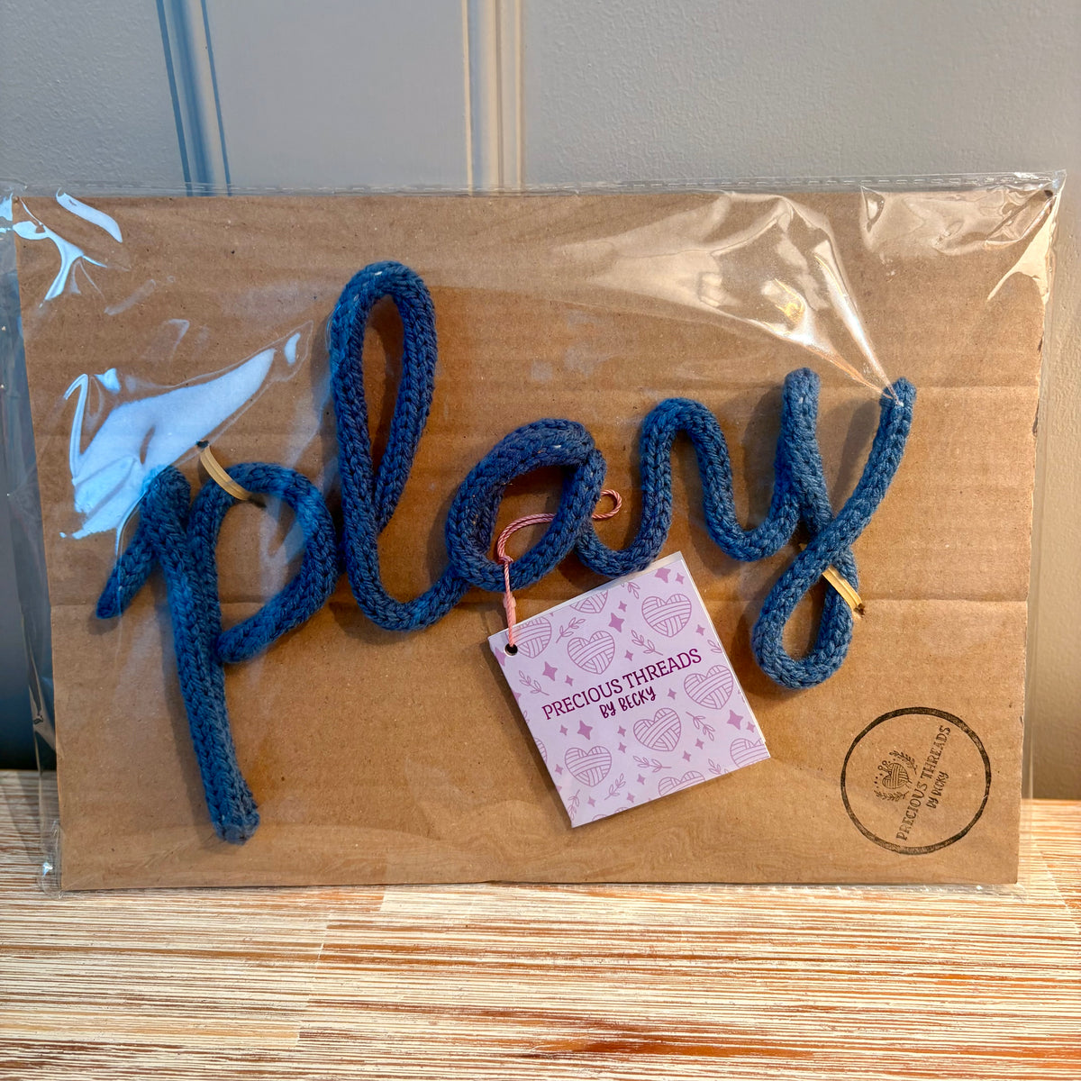 Hand Knitted "Play" Sign | Ocean Blue Nursery Wall Décor | Handmade Children’s Room Sign | Playroom Decoration