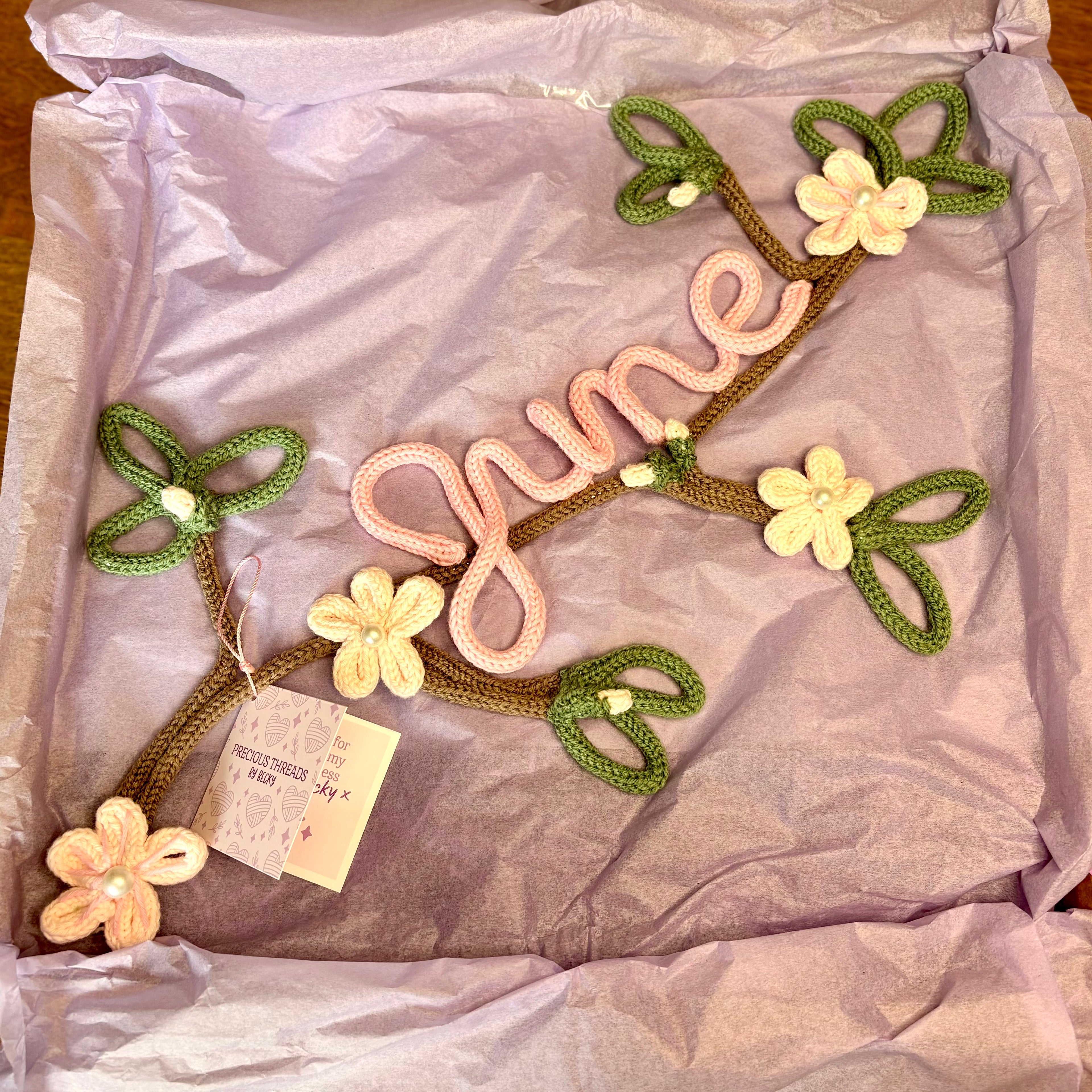 Personalised Name Sign – Handmade Knitted Wire Art Floral Wall Hanging