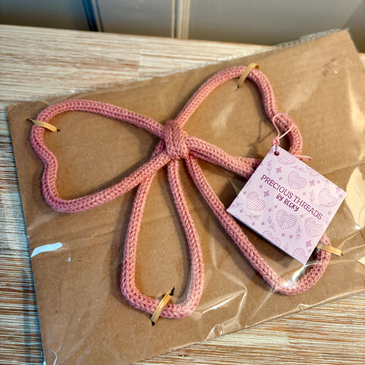 Hand Knitted Wire Bow | Handmade Decorative Bow | Pink Wire Art Bow | Gift Wrapping & Home Décor