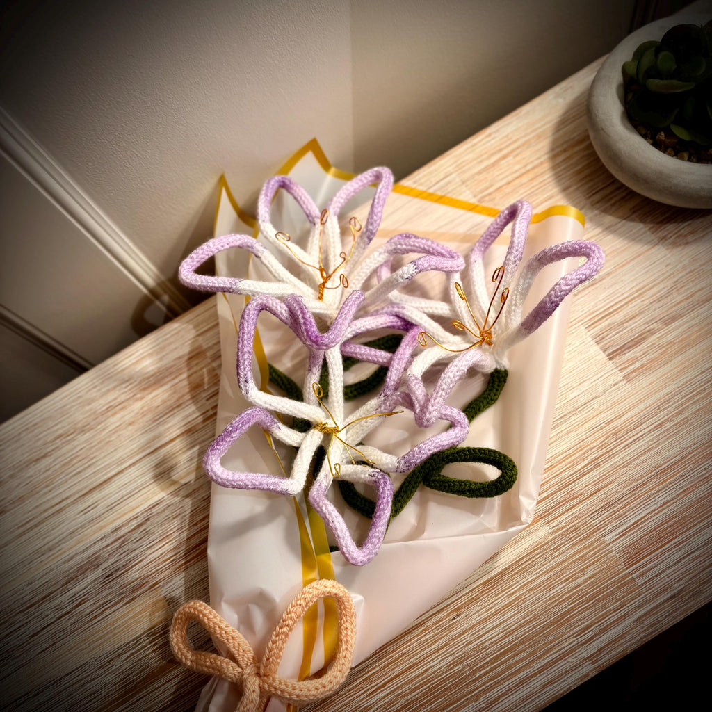 Hand Knitted Wire Lily Bouquet, Forever Floral Art, Mother’s Day Gift