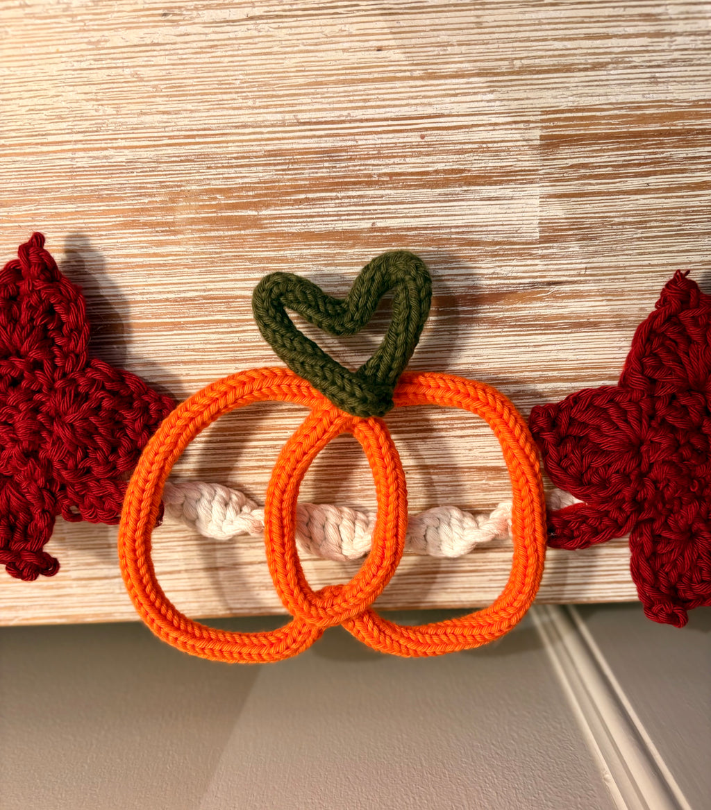 Handmade Knitted Wire Art Autumn Wreath – Personalised Knitted Wire Art with Pumpkin, Maple Leaves & Macramé Border