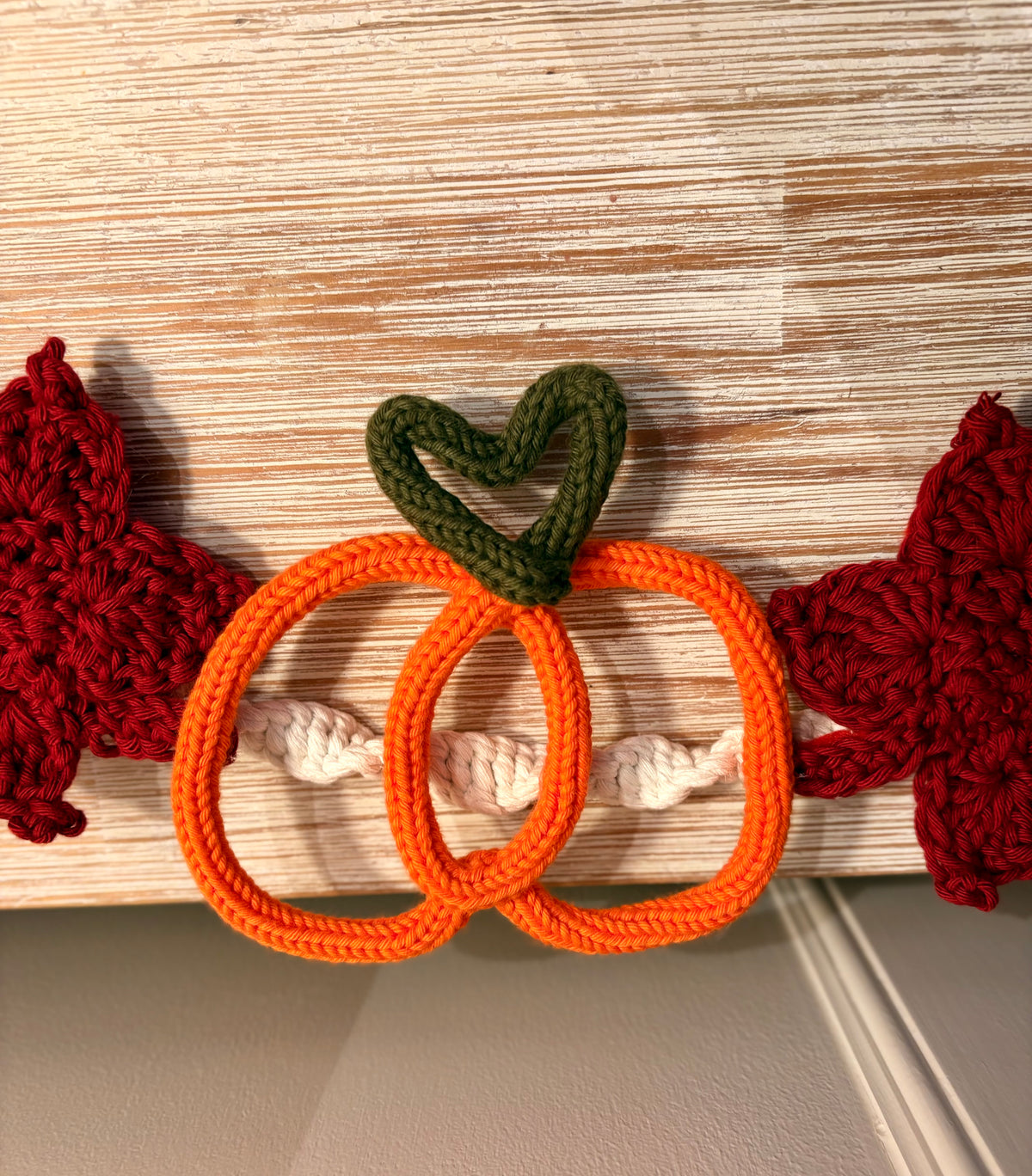 Handmade Knitted Wire Art Autumn Wreath – Personalised Knitted Wire Art with Pumpkin, Maple Leaves & Macramé Border