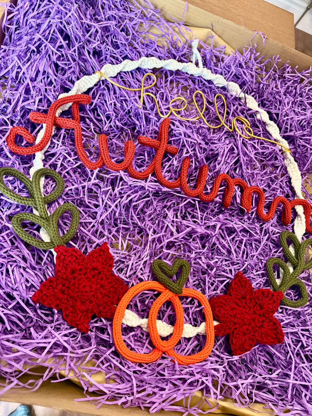 Handmade Knitted Wire Art Autumn Wreath – Personalised Knitted Wire Art with Pumpkin, Maple Leaves & Macramé Border