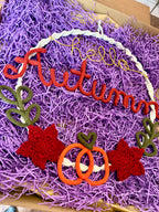 Handmade Knitted Wire Art Autumn Wreath – Personalised Knitted Wire Art with Pumpkin, Maple Leaves & Macramé Border