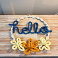 Macrame Hello Wreath with Knitted Wire Art & 3 Daisy Flowers