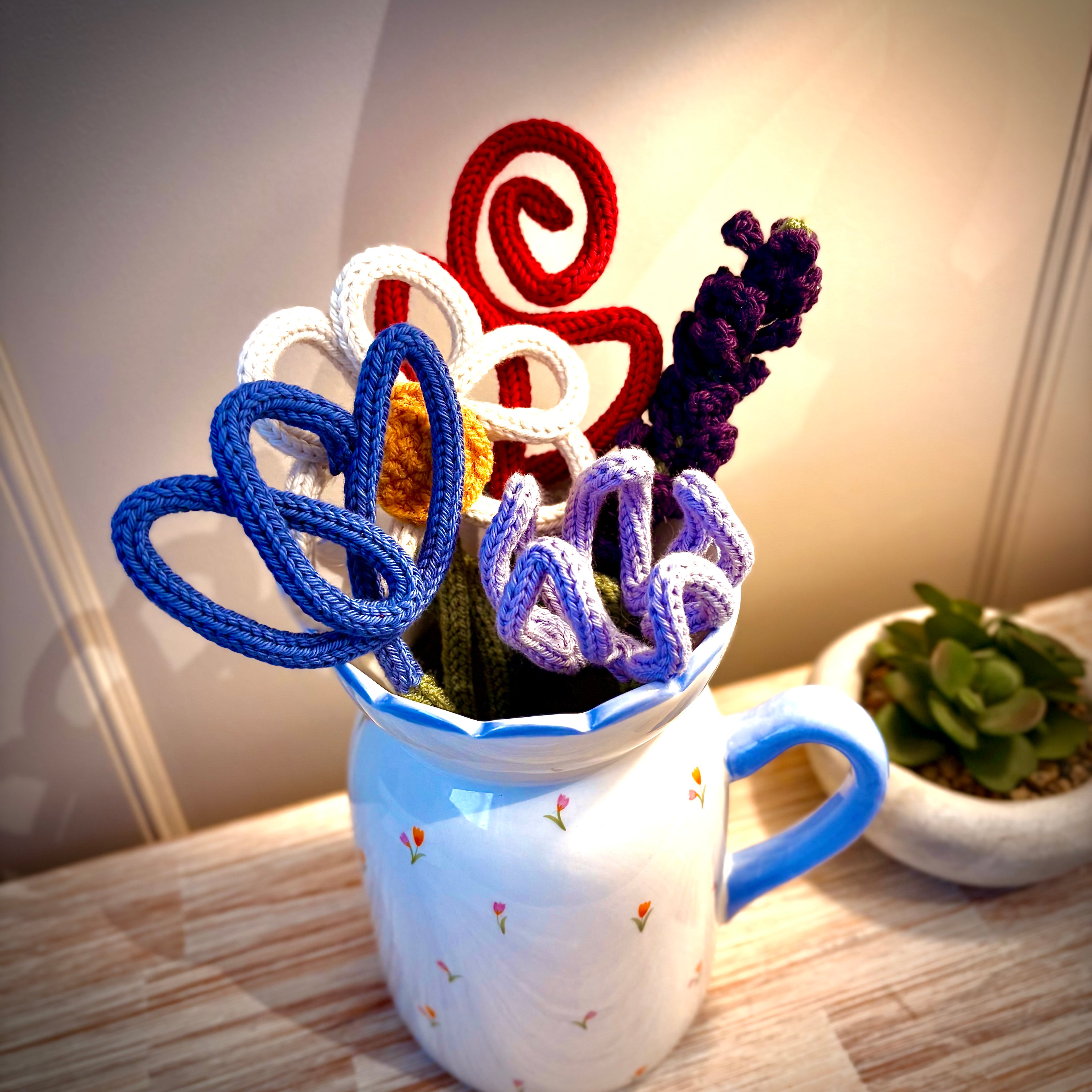 Knitted Wire Flower Bouquet: Handmade Floral with daisy, tulip, rose, crocus & lavender