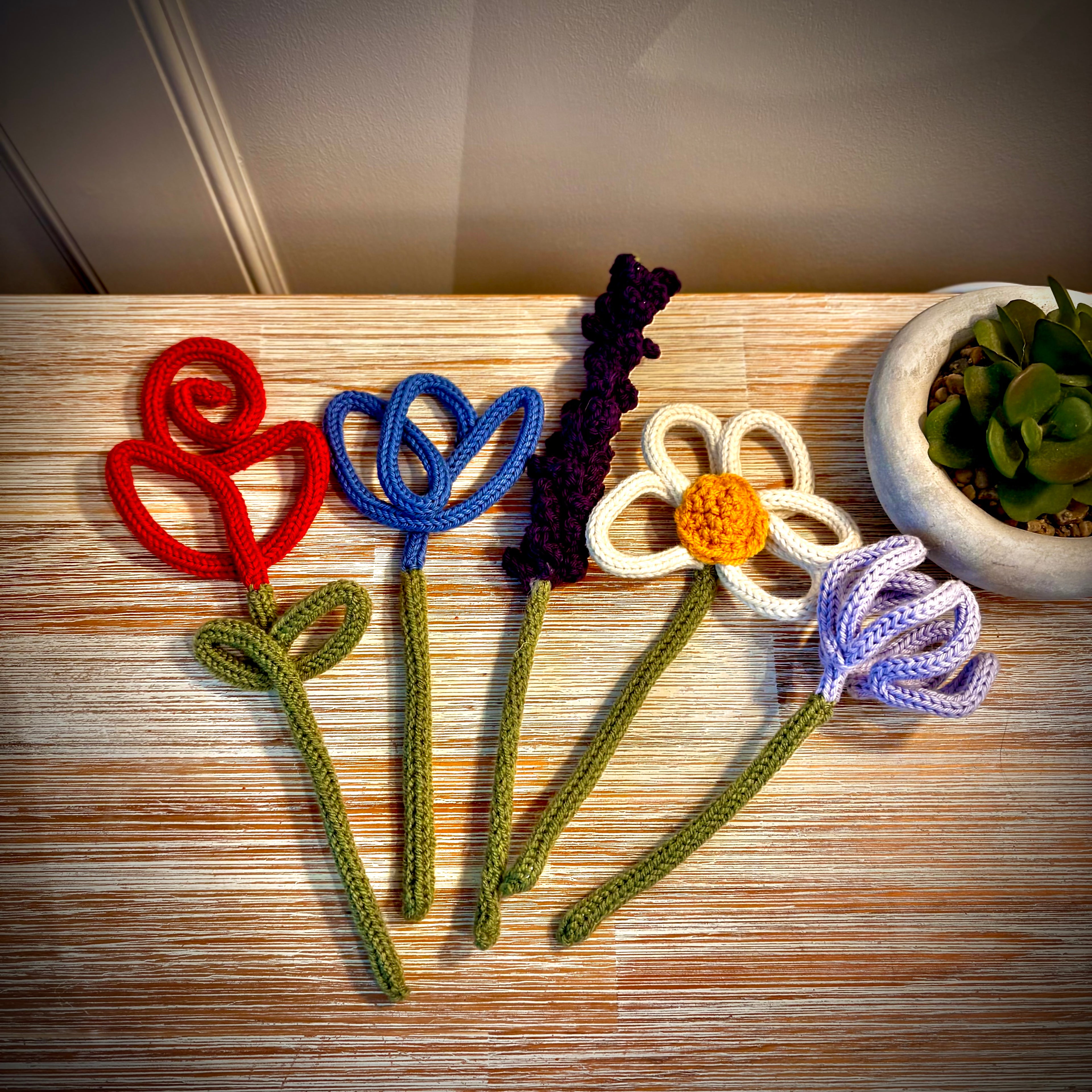 Knitted Wire Flower Bouquet: Handmade Floral with daisy, tulip, rose, crocus & lavender