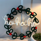 Handmade Green Knitted Wire Christmas Wreath 35cm – Front Door Christmas Wreath with Red Beads & "Ho Ho Ho" Decoration