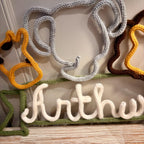 Personalised Knitted Wire Art Safari Name Sign - Giraffe, Elephant, Lion.  Nursery Name Sign