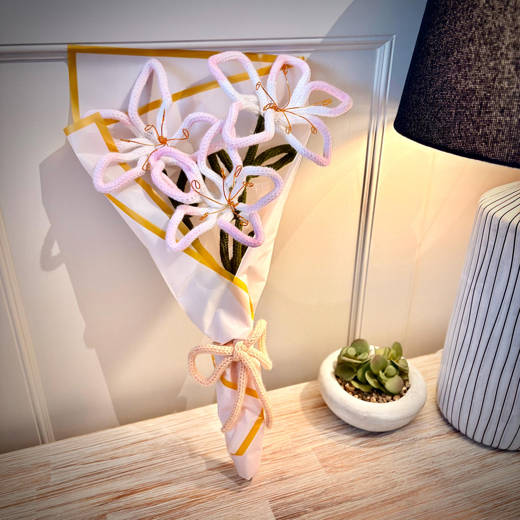Hand Knitted Wire Lily Bouquet, Forever Floral Art, Mother’s Day Gift