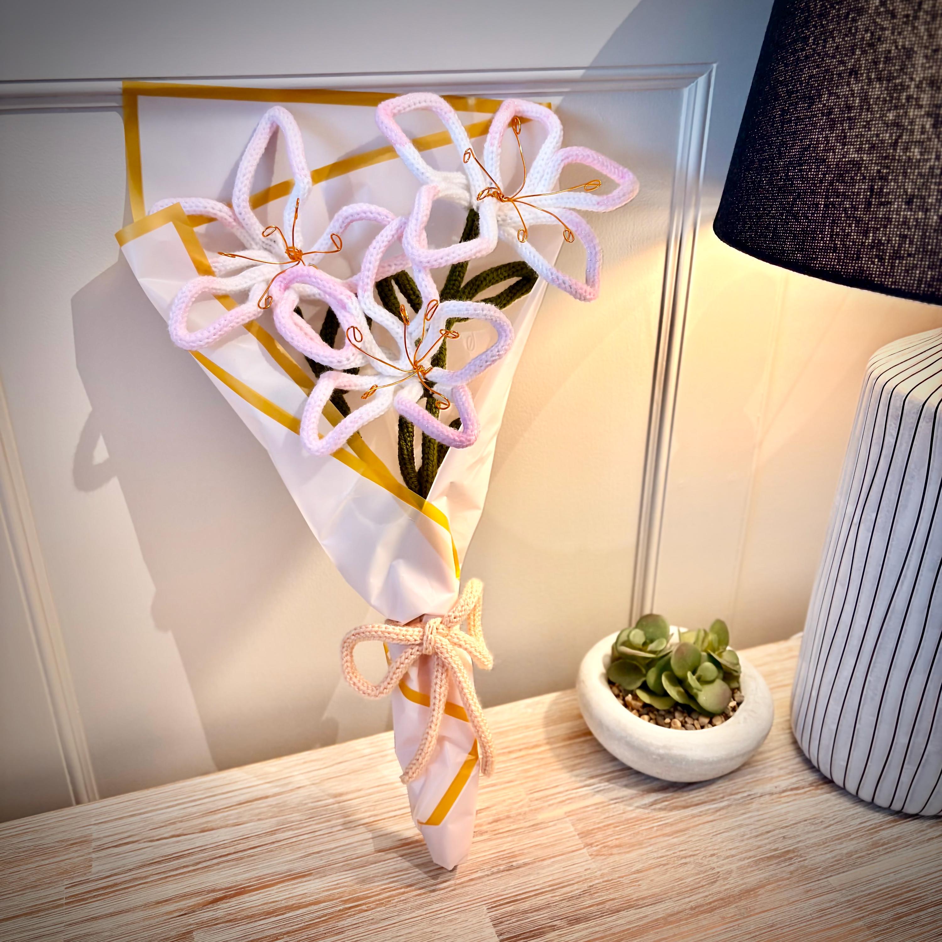 Hand Knitted Wire Lily Bouquet, Forever Floral Art, Mother’s Day Gift