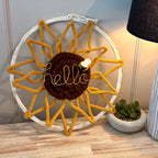 Large Handmade Knitted Wire Art Sunflower Wreath – Macramé Wall Hanging with Bee & Gold "Hello" | 40cm