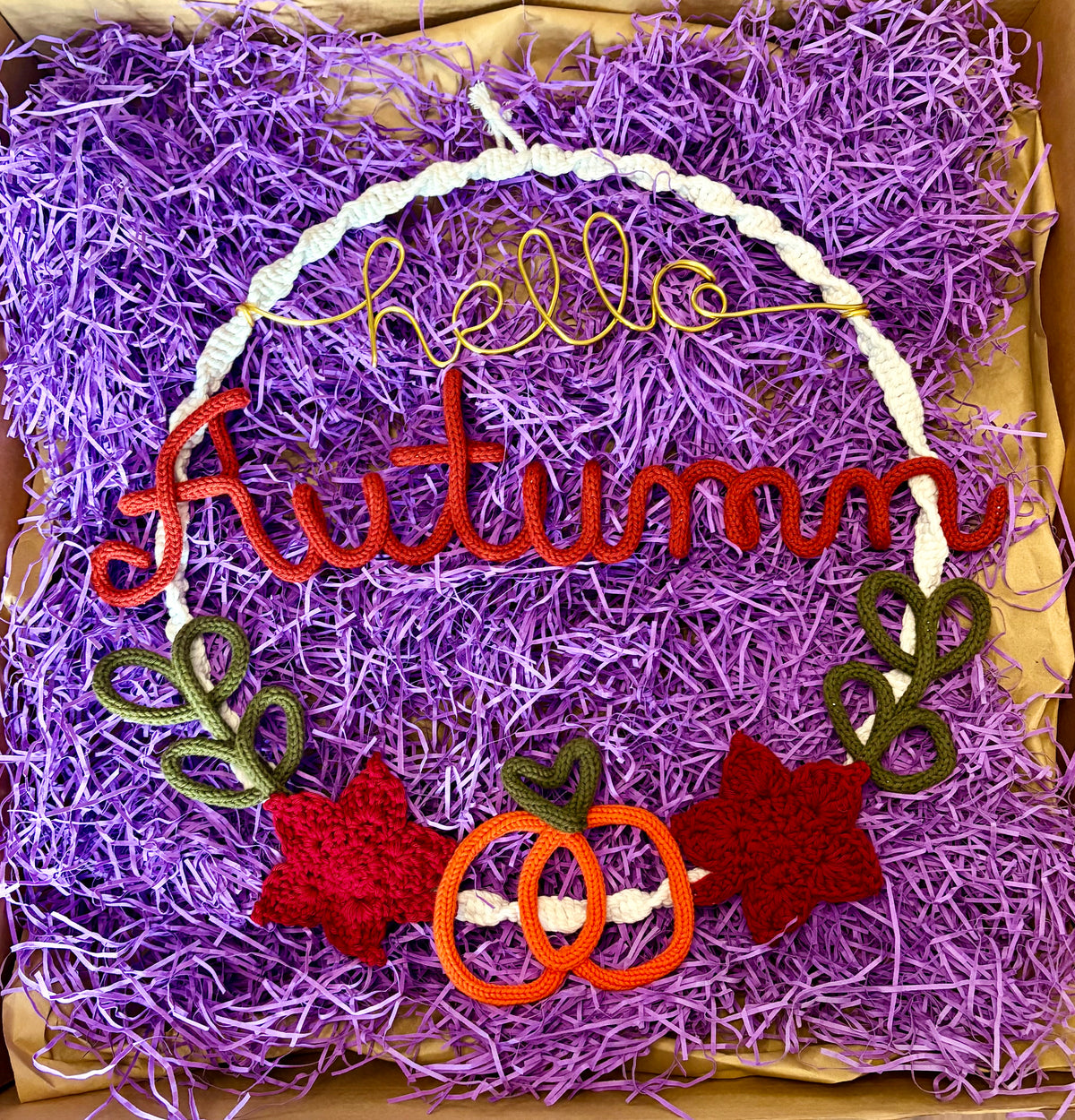 Handmade Knitted Wire Art Autumn Wreath – Personalised Knitted Wire Art with Pumpkin, Maple Leaves & Macramé Border