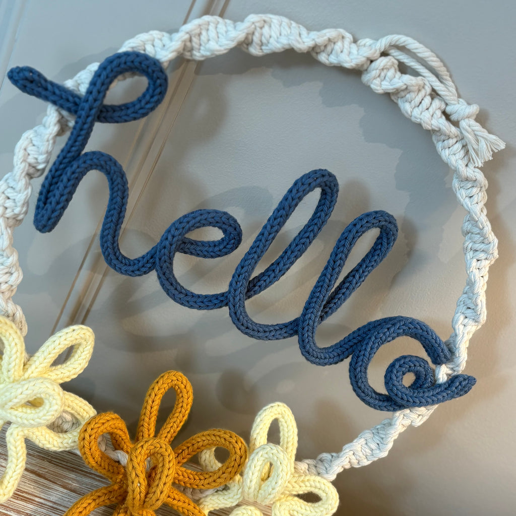 Macrame Hello Wreath with Knitted Wire Art & 3 Daisy Flowers