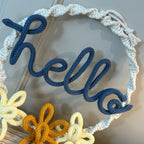 Macrame Hello Wreath with Knitted Wire Art & 3 Daisy Flowers