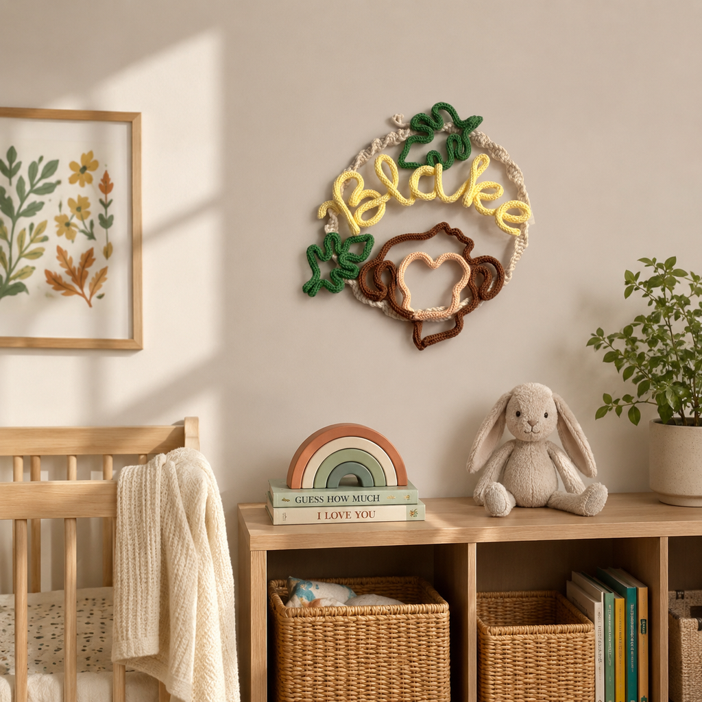 Personalised Knitted Wire Art Name Wreath | Macramé Monkey Name Hoop | Handmade Nursery & Children’s Wall Decor