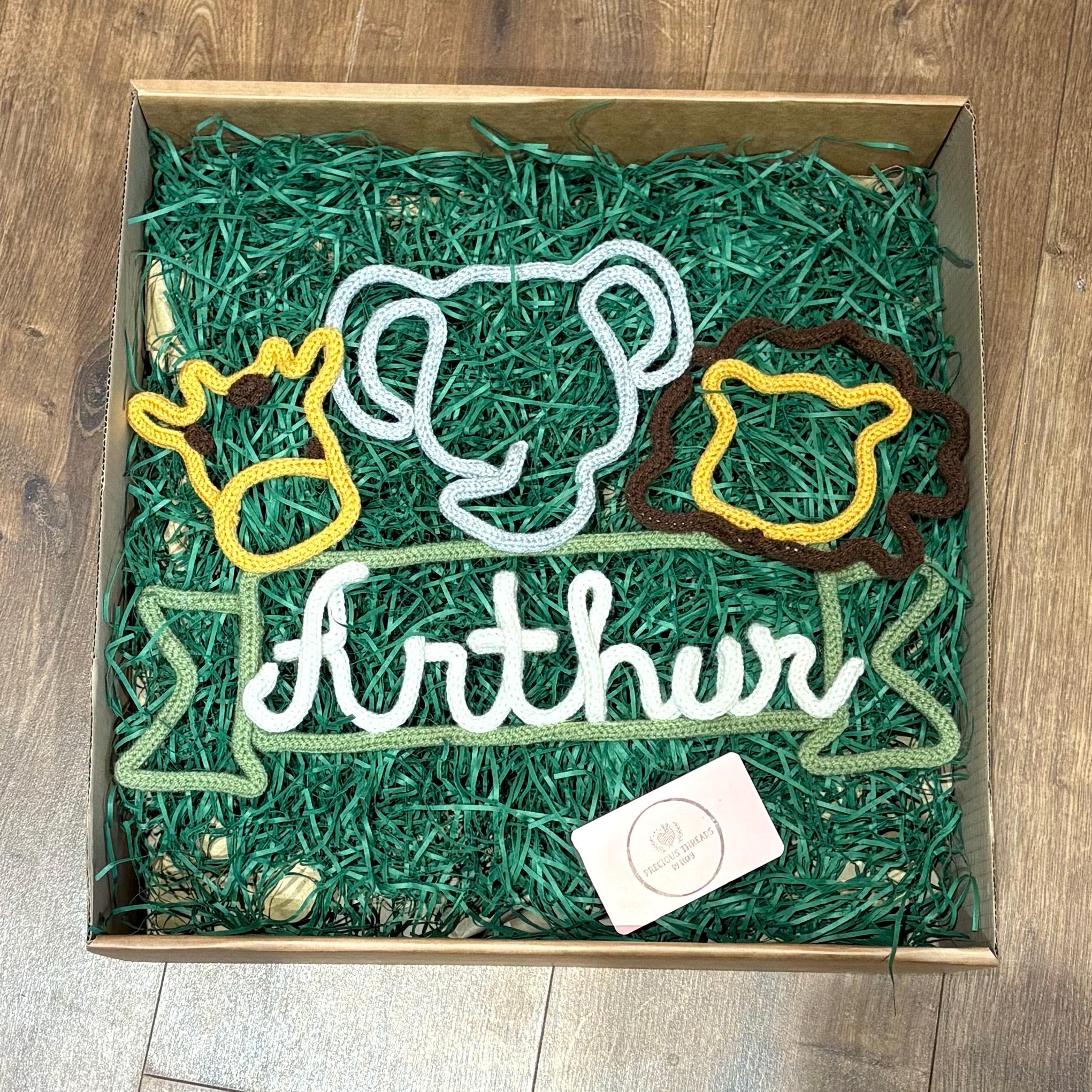 Personalised Knitted Wire Art Safari Name Sign - Giraffe, Elephant, Lion.  Nursery Name Sign