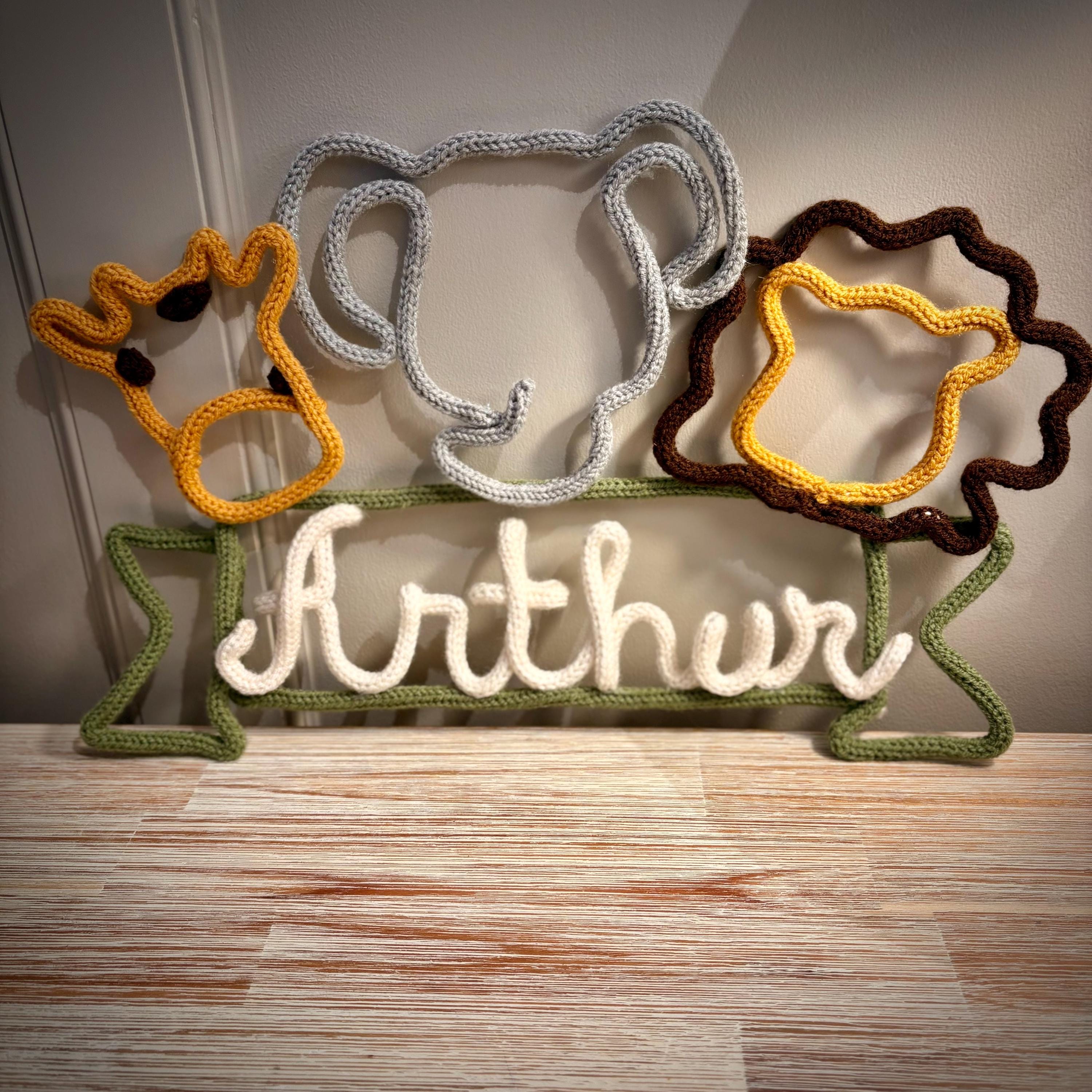 Personalised Knitted Wire Art Safari Name Sign - Giraffe, Elephant, Lion.  Nursery Name Sign