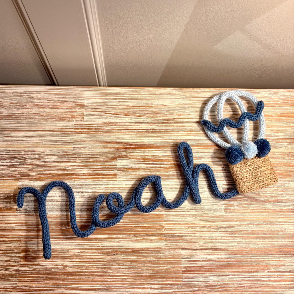 Knitted Wire Hot Air Balloon Personalised Name Sign for Nursery Decor, Kids Bedroom Wall Hanging, Custom Name Art
