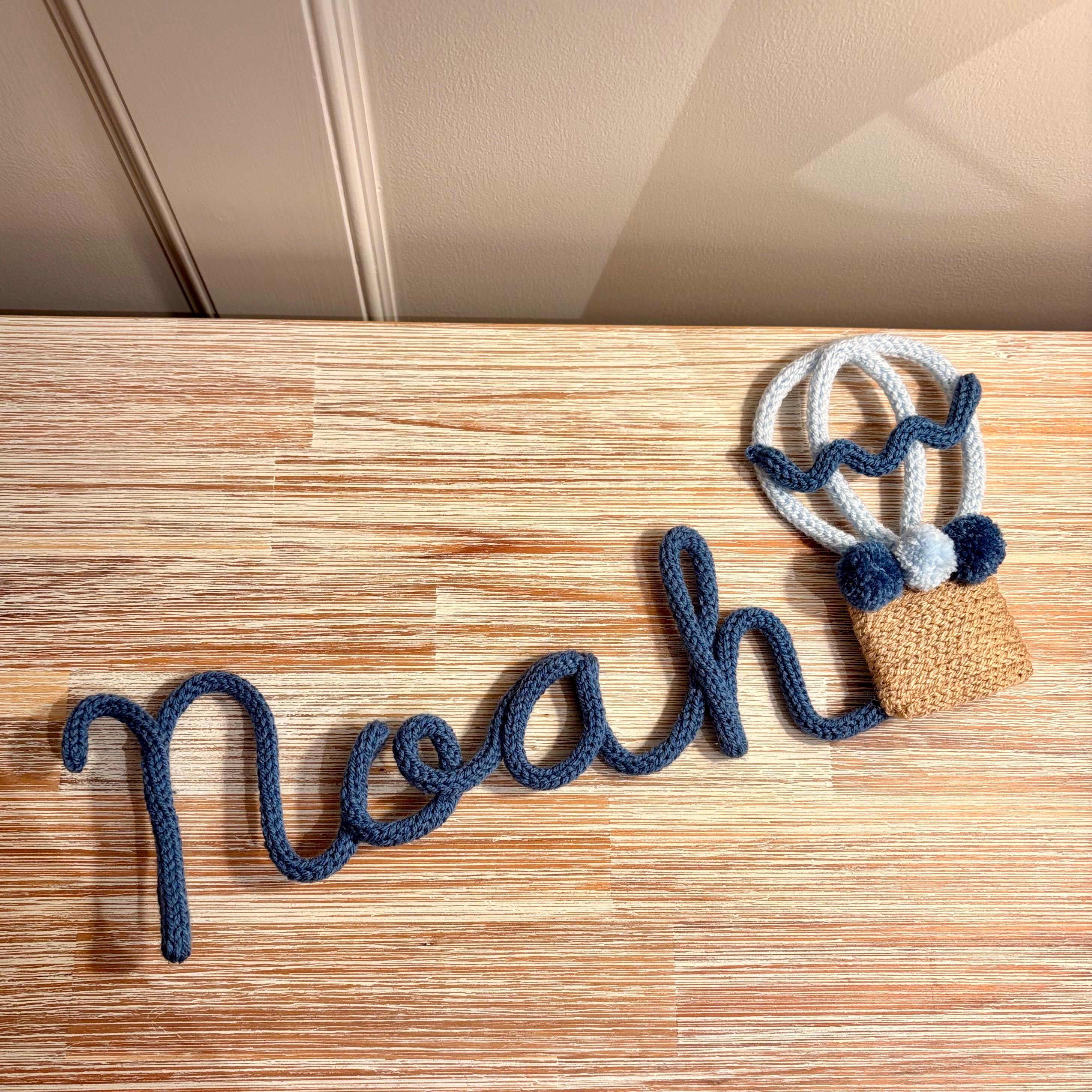 Knitted Wire Hot Air Balloon Personalised Name Sign for Nursery Decor, Kids Bedroom Wall Hanging, Custom Name Art