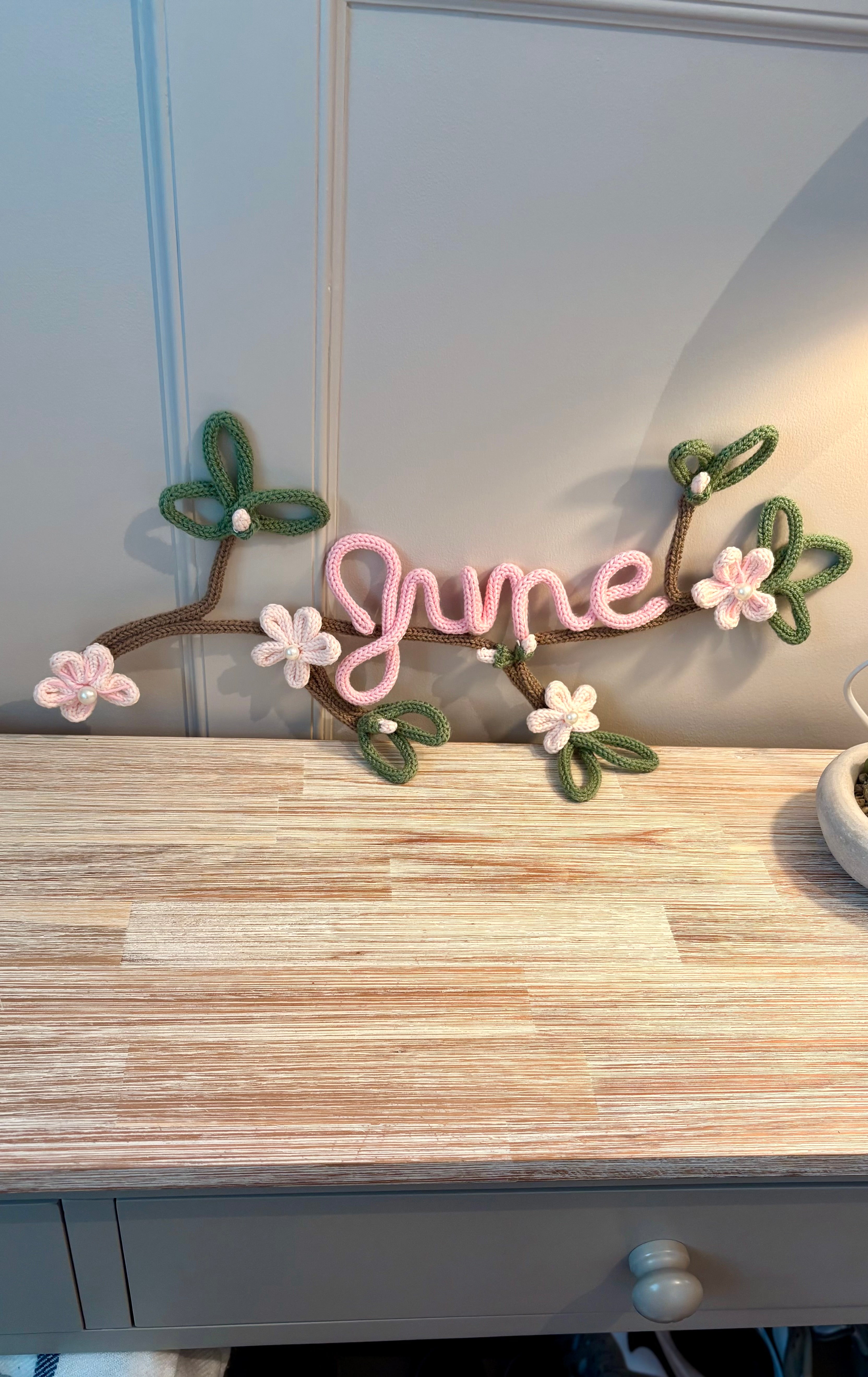 Personalised Name Sign – Handmade Knitted Wire Art Floral Wall Hanging