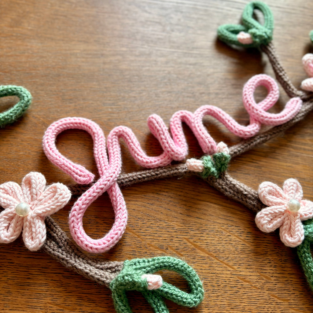 Personalised Name Sign – Handmade Knitted Wire Art Floral Wall Hanging