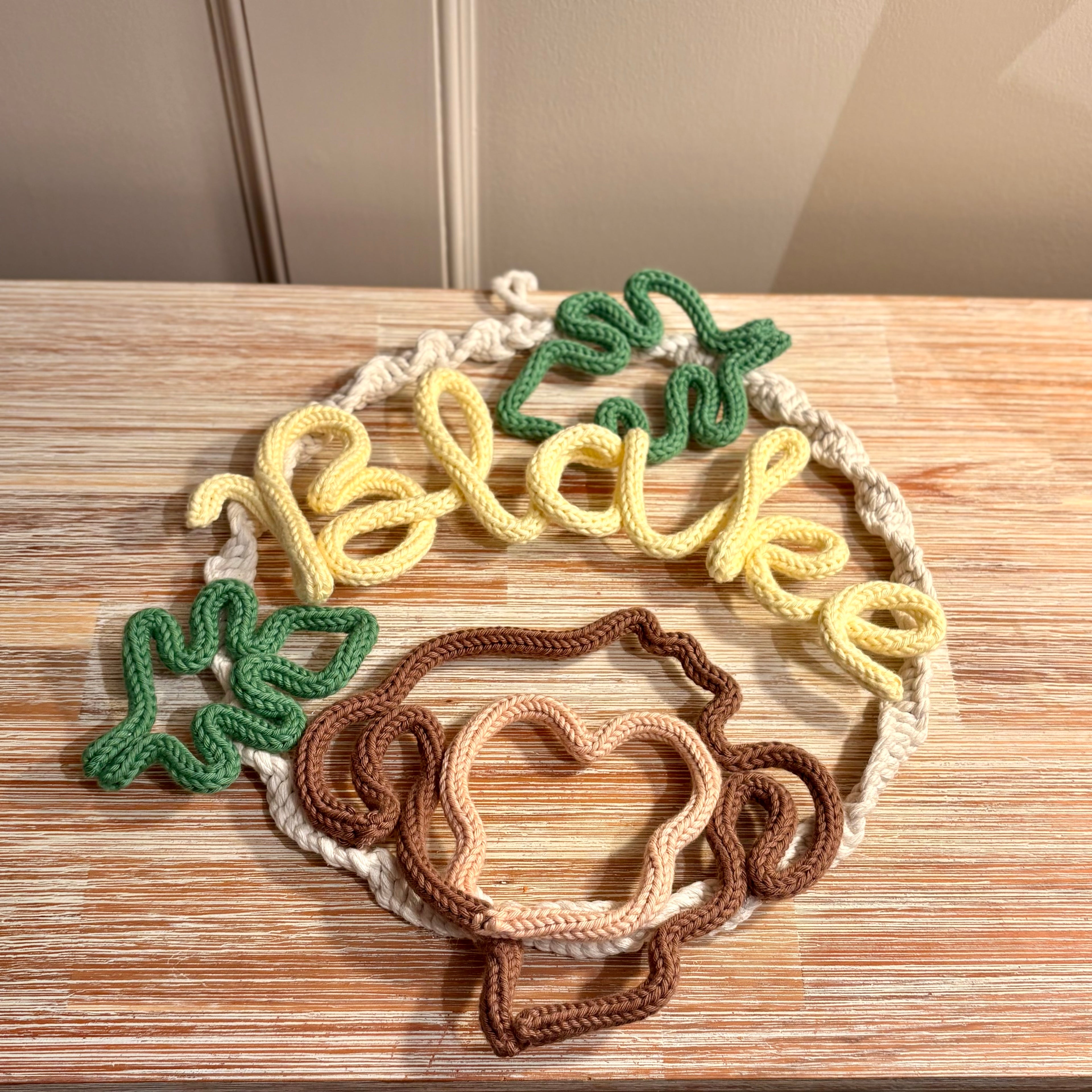 Personalised Knitted Wire Art Name Wreath | Macramé Monkey Name Hoop | Handmade Nursery & Children’s Wall Decor