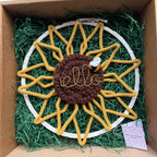 Large Handmade Knitted Wire Art Sunflower Wreath – Macramé Wall Hanging with Bee & Gold "Hello" | 40cm