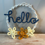 Macrame Hello Wreath with Knitted Wire Art & 3 Daisy Flowers