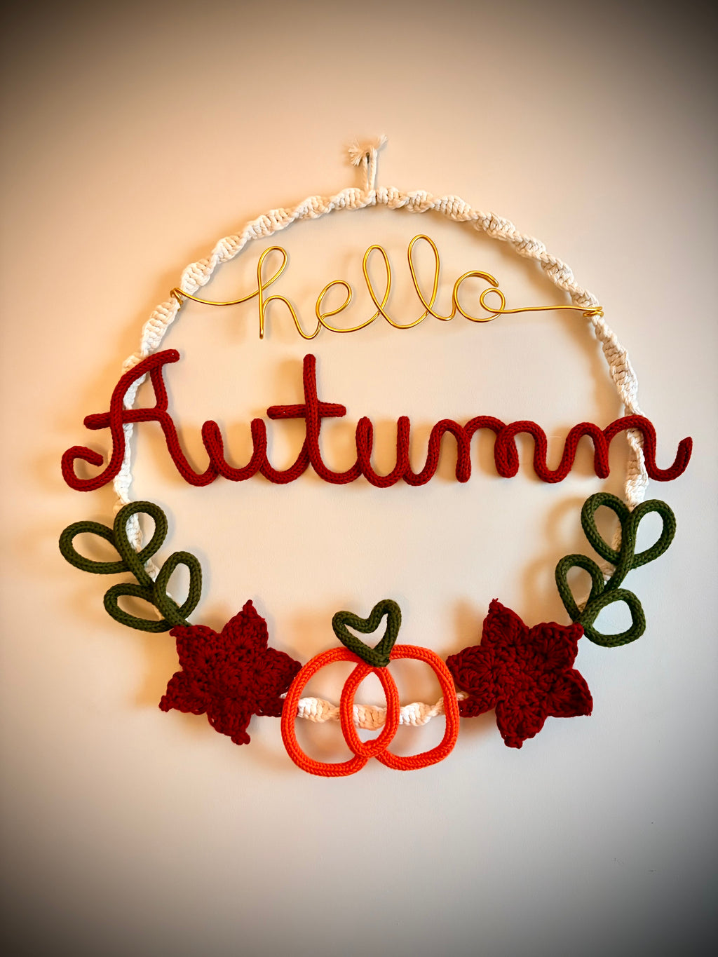 Handmade Knitted Wire Art Autumn Wreath – Personalised Knitted Wire Art with Pumpkin, Maple Leaves & Macramé Border