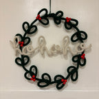 Handmade Green Knitted Wire Christmas Wreath 35cm – Front Door Christmas Wreath with Red Beads & "Ho Ho Ho" Decoration