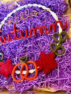 Handmade Knitted Wire Art Autumn Wreath – Personalised Knitted Wire Art with Pumpkin, Maple Leaves & Macramé Border