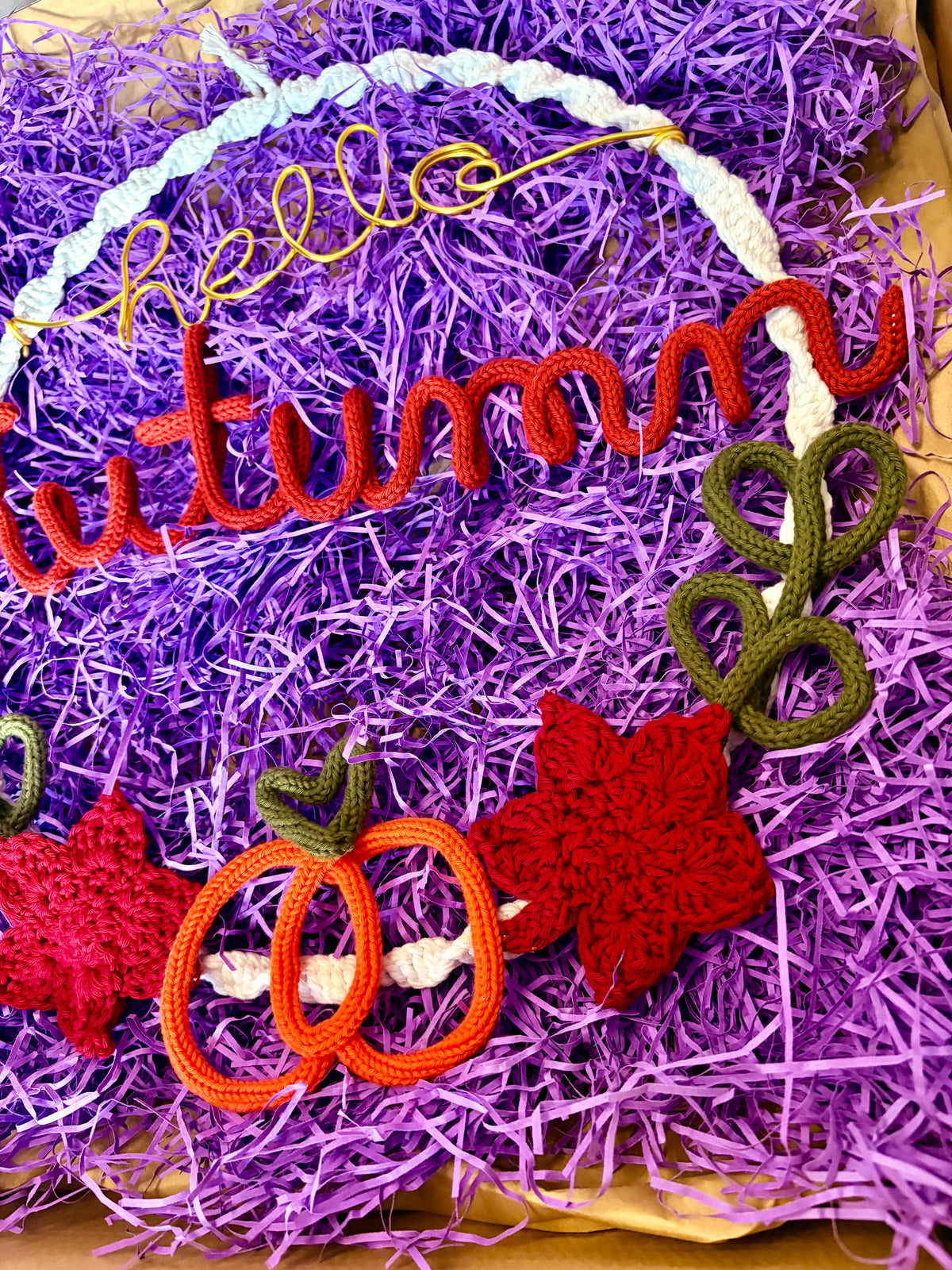 Handmade Knitted Wire Art Autumn Wreath – Personalised Knitted Wire Art with Pumpkin, Maple Leaves & Macramé Border