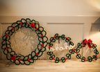 Handmade Green Knitted Wire Christmas Wreath 35cm – Front Door Christmas Wreath with Red Beads & "Ho Ho Ho" Decoration
