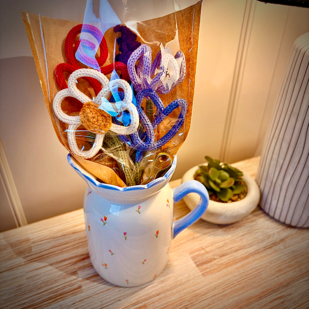 Knitted Wire Flower Bouquet: Handmade Floral with daisy, tulip, rose, crocus & lavender