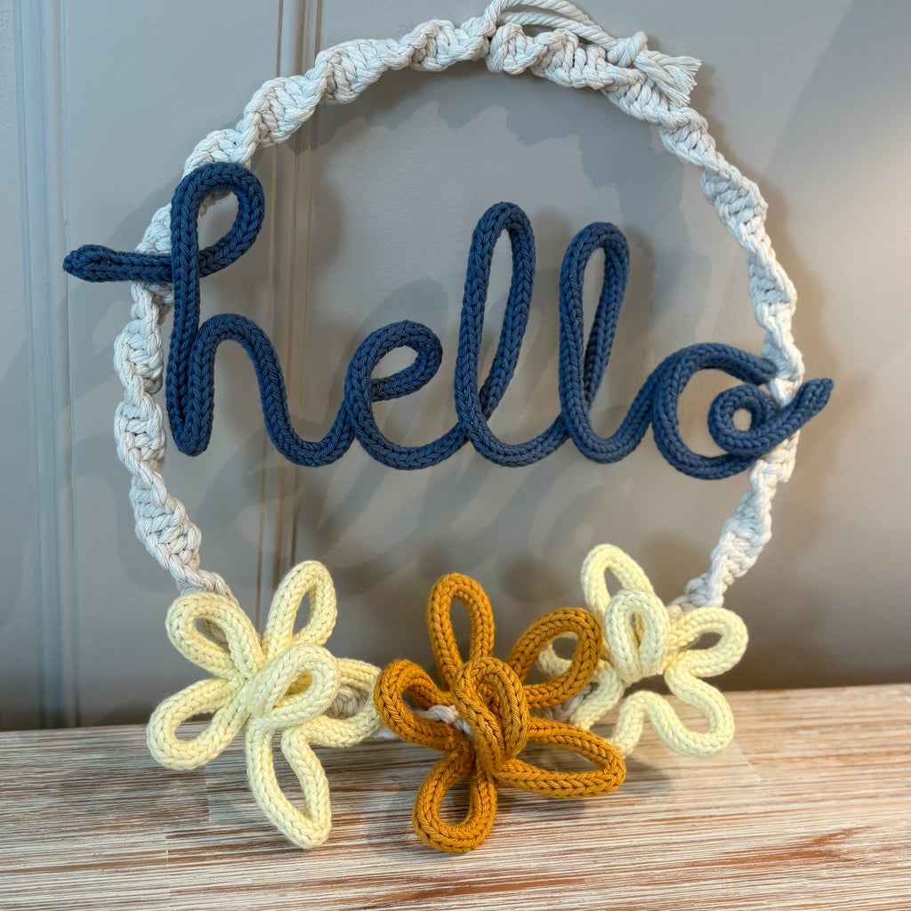 Macrame Hello Wreath with Knitted Wire Art & 3 Daisy Flowers