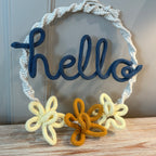 Macrame Hello Wreath with Knitted Wire Art & 3 Daisy Flowers