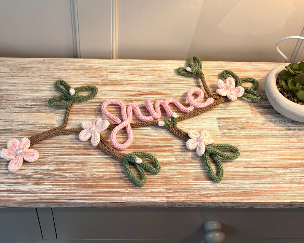 Personalised Name Sign – Handmade Knitted Wire Art Floral Wall Hanging