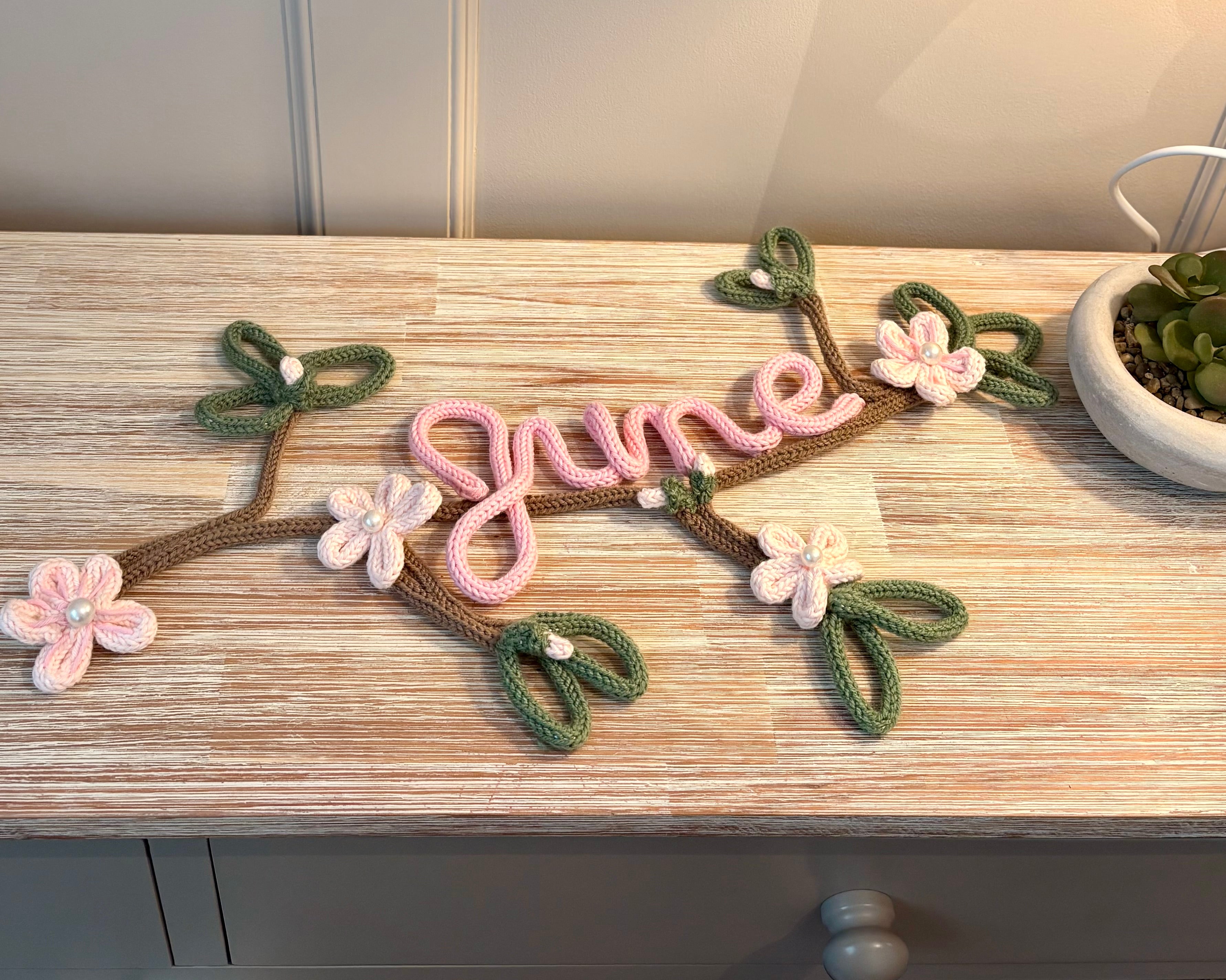 Personalised Name Sign – Handmade Knitted Wire Art Floral Wall Hanging