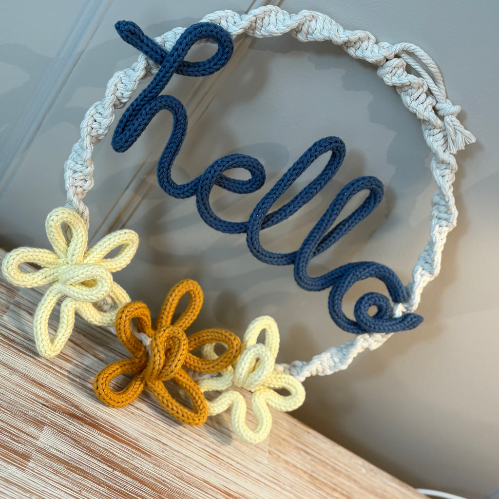 Macrame Hello Wreath with Knitted Wire Art & 3 Daisy Flowers