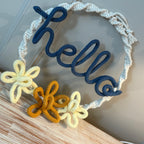 Macrame Hello Wreath with Knitted Wire Art & 3 Daisy Flowers