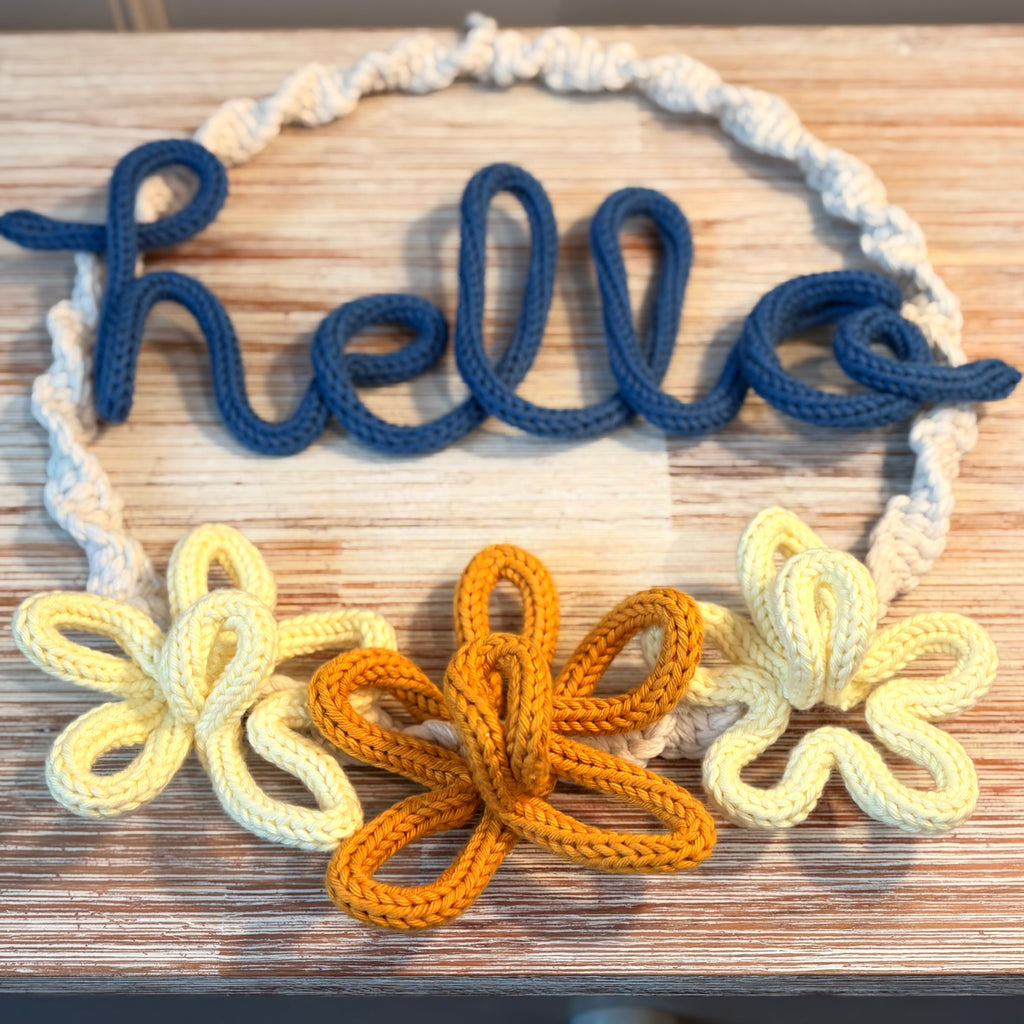 Macrame Hello Wreath with Knitted Wire Art & 3 Daisy Flowers