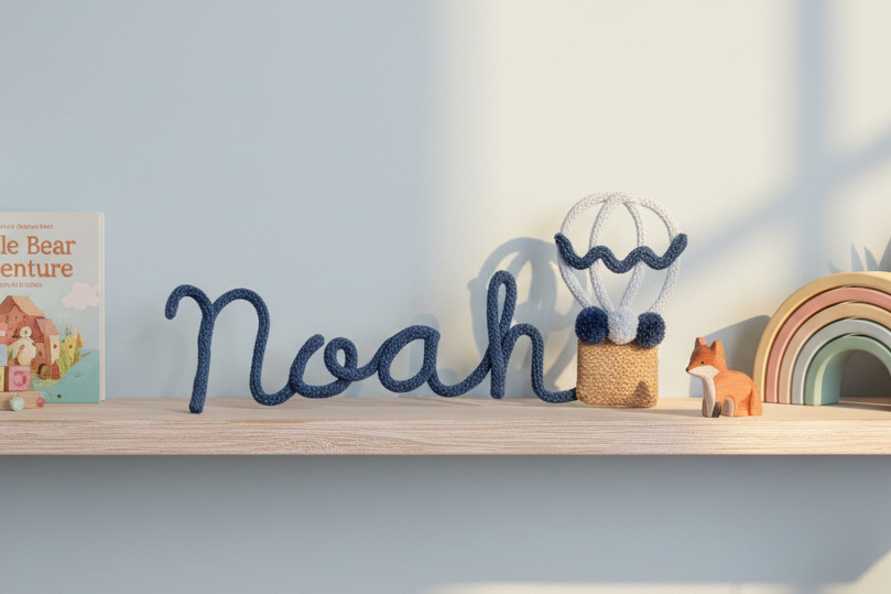 Knitted Wire Hot Air Balloon Personalised Name Sign for Nursery Decor, Kids Bedroom Wall Hanging, Custom Name Art