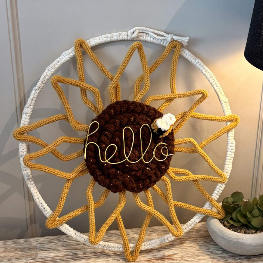 Large Handmade Knitted Wire Art Sunflower Wreath – Macramé Wall Hanging with Bee & Gold "Hello" | 40cm