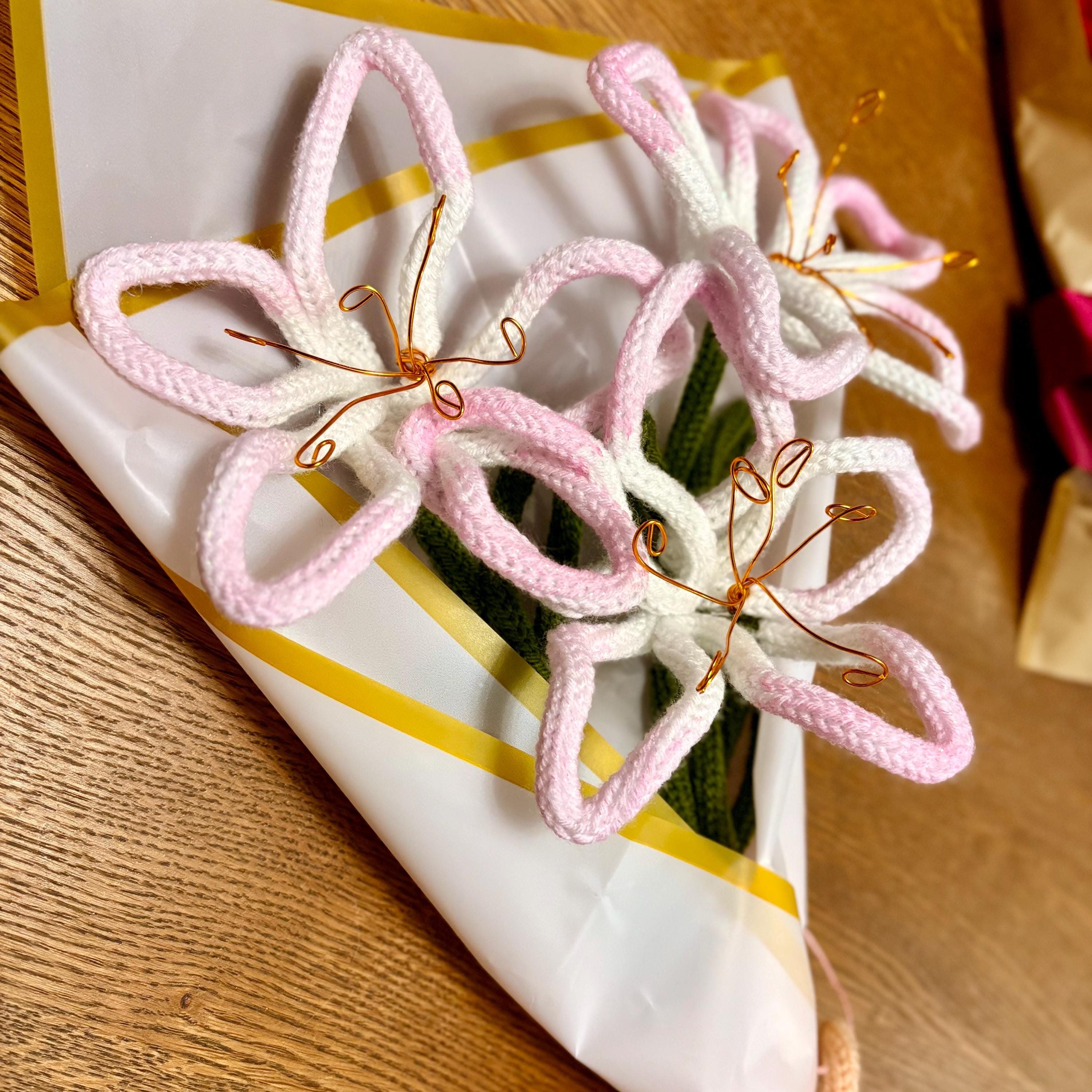 Hand Knitted Wire Lily Bouquet, Forever Floral Art, Mother’s Day Gift