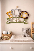 Personalised Knitted Wire Art Safari Name Sign - Giraffe, Elephant, Lion.  Nursery Name Sign