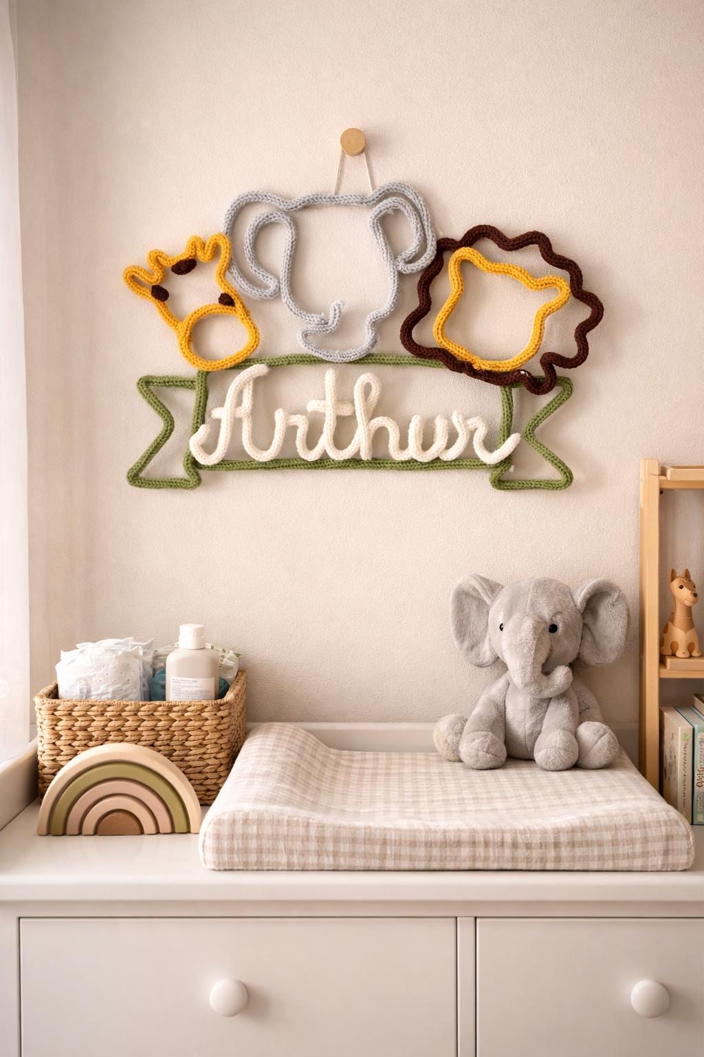 Personalised Knitted Wire Art Safari Name Sign - Giraffe, Elephant, Lion.  Nursery Name Sign